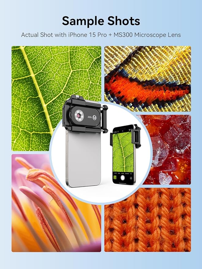 MIAO LAB 300X Phone Microscope Lens, Phone Camera Micro Lens with Universal Clip/LED Light/CPL, Mini Pocket Microscope Attachment Fit for iPhone 16/15/14/13, and Most Smartphone