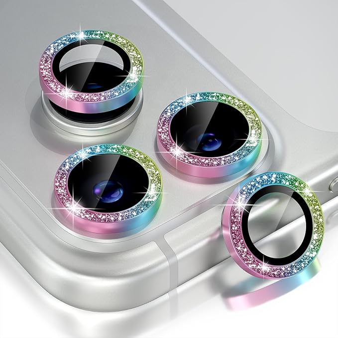 Choiche Compatible for iPhone 17 Pro/iPhone 17 Pro Max Camera Lens Protector Bling, 9H Tempered Glass Camera Cover Screen Protector Metal Ring Decoration Accessories (Glitter-Colorful)