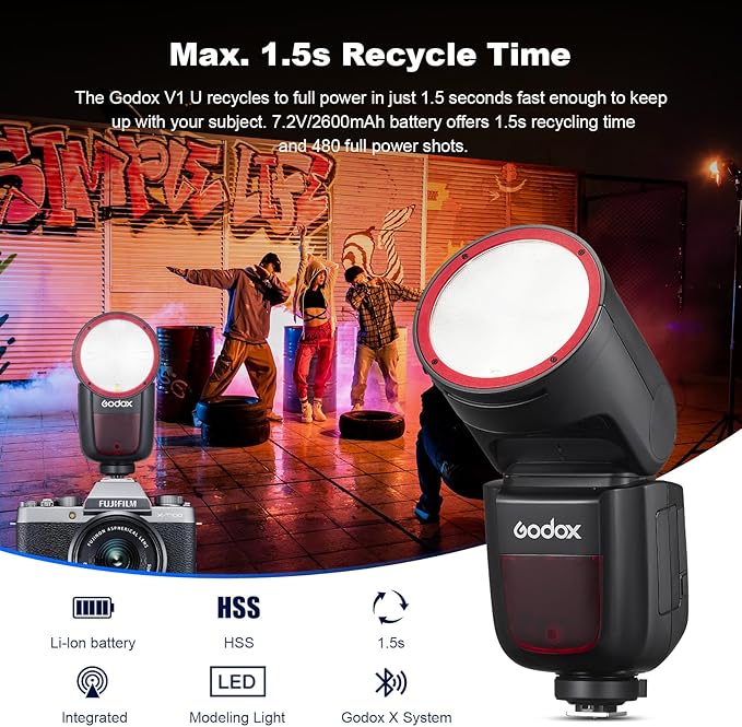 Godox V1F V1 F Round Head Speedlite for Fuji TTL Hot Shoe Flash 2.4G X Wireless HSS 1/8000s 2980mAh Lithium Battery LED Modeling Lamp Shot speedlight with Tri-Color Diffuser(USA Version)