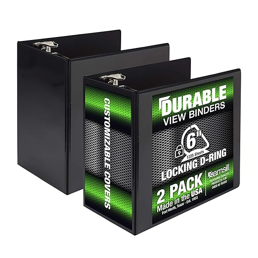 Samsill Durable 6 inch 3 Ring Binder, Made in USA, Locking D Ring FSC 100% Recycled Chipboard, Black, 2 Pack