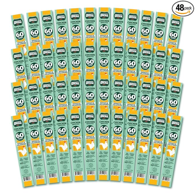 Mighty Spark Chicken Snack Sticks - Honey and Jalapeno - 6g of Protein, No Antibiotics Ever, No Hormones Added, Gluten Free, Soy Free Meat Sticks - High Protein Keto Snacks, Weight Watchers Approved Snacks - 48 Count