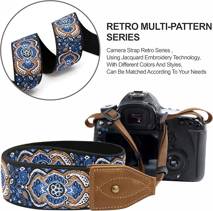 Padwa Lifestyle Camera Strap - 2" Wide Crazy Horse Art Cowhide Head,Vintage Jacquard Embroidery Camera Straps for Photographers Gift, Adjustable Shoulder Neck Strap Fits DSLR Cameras(Elegant Blue)