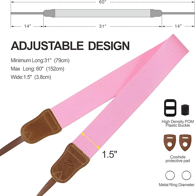 Padwa Lifestyle Pink Camera Straps - Double Layer Crazy Horse Cowhide Head,1.5" Wide Pure Cotton Woven Camera Straps,Adjustable Shoulder & Neck Strap for DSLR Cameras,Great Gift for Photographers