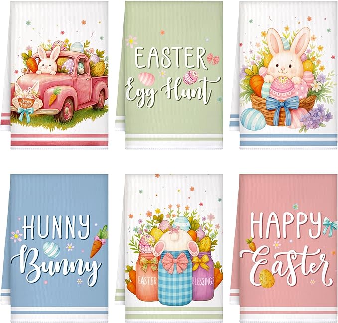Preboun 6 Pcs Easter Kitchen Towels Cute Bunny Eggs Dish Hand Towels Macaron Happy Easter Themed Dish Cloth House Decorative Farmhouse Tea Cloth Absorbent for Home Kitchen Bathroom Decor