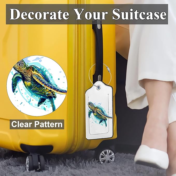 Set of 2 Luggage Tags for Suitcases, Leather Watercolor Sea Turtle Baggage Tags with Stainless Steel Loop, Privacy Name ID Card Cover Travel Labels for Women Men Kids Girls
