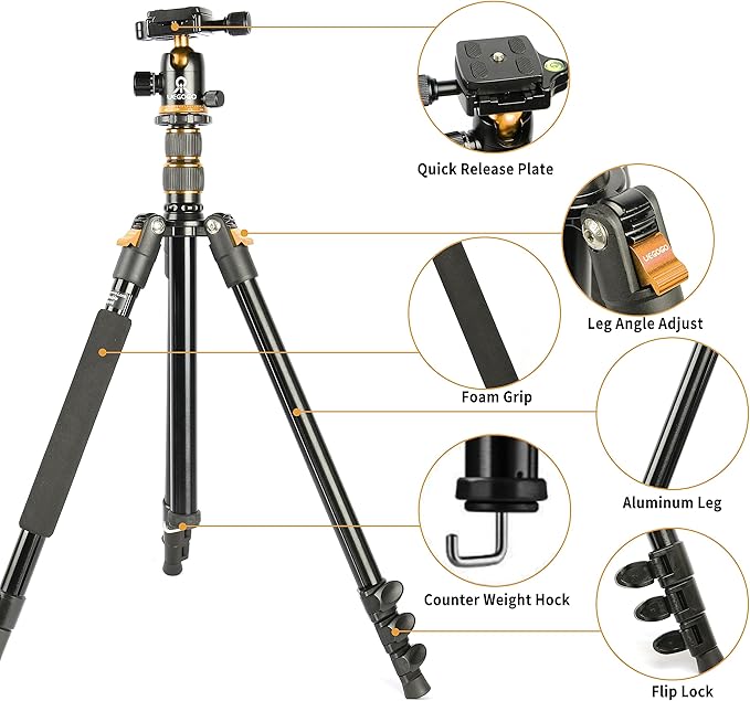 Tripod for Camera, 77" Camera Tripod Stand, 360 ° Ball Head Professional Aluminum DSLR Tripod & Monopod, Heavy Duty Travel Tripod Compatible with Canon Nikon Binoculars Laser Telescope(Gold)