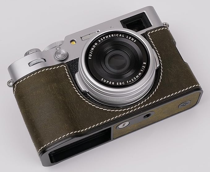 Genuine Leather Camera Half Case for Fujifilm X100VI - Top Layer Cowhide Body + Metal Base Plate - Hand Shank Free Design (Dark Green)