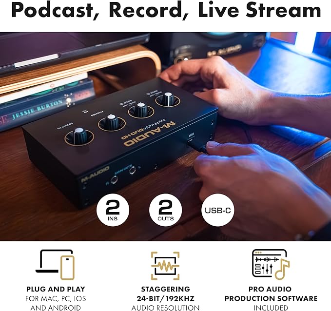 M-AUDIO M-Track Duo HD Audio Interface, M100 Condenser Microphone and HDH41 Studio Monitoring Headphones for Recording, Producers, Content Creators and Podcasters