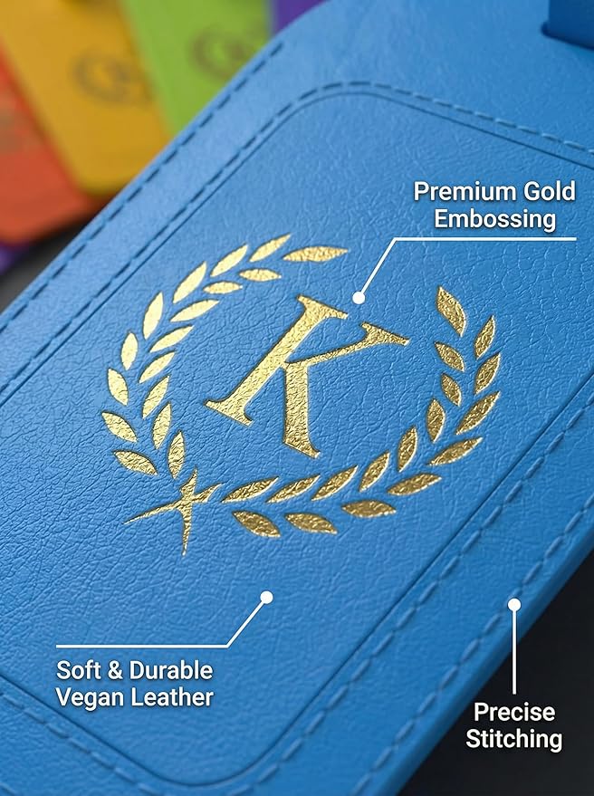 Initial Luggage Tags - Letter K - 6 Pack Vegan Leather Travel Bag Tags with Privacy Cover & Stainless Steel Buckle, Personalized ID Labels for Suitcases & Travel, Multicolor (Style K)