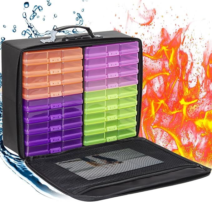 IBVIVIC Fire-resistant Photo Storage Box, Photo Organizer with Lock, Portable Photo Storage Containers Suitable for Storing 18pcs 4" x 6" Photo Cases (Box Only)