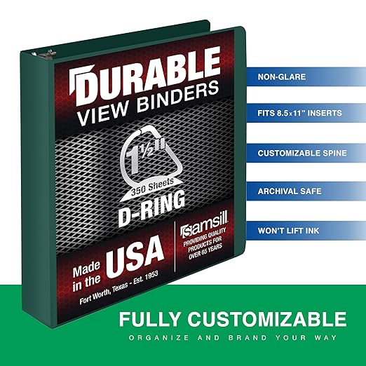 Samsill Durable 1.5 Inch Binder, Made in The USA, D Ring Binder, Customizable Clear View Cover, Forest Green, Holds 350 Pages