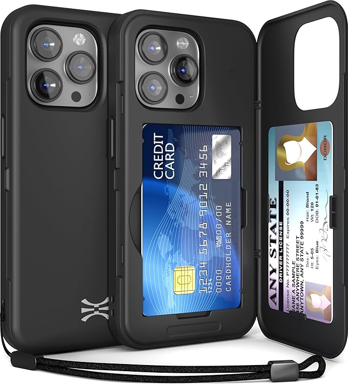 TORU for iPhone 15 Pro Wallet Case with Card Holder, Hidden ID Credit Card Slot Flip Kickstand, Slim Fit Shockproof Heavy Duty Phone Cover with Strap - Black