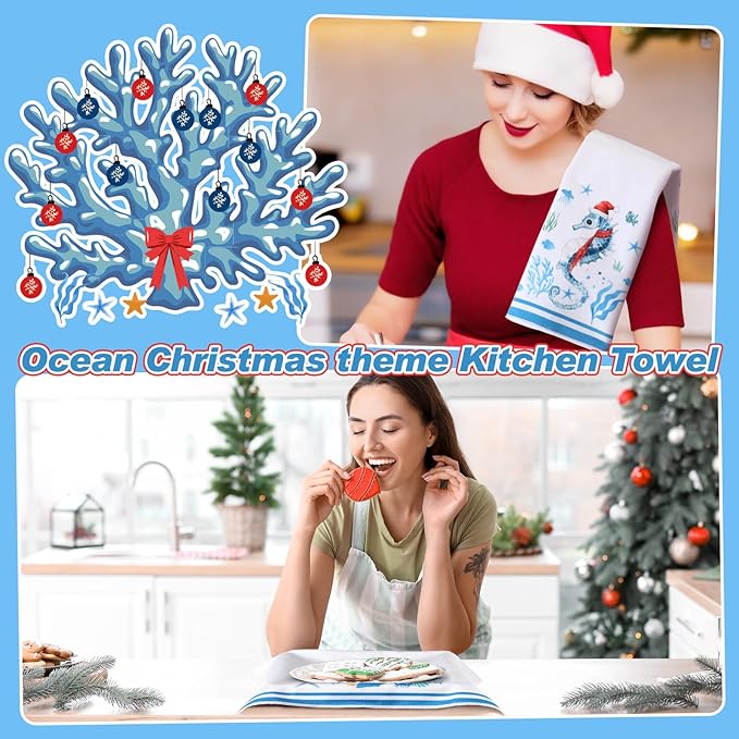 Preboun 6 Pcs Christmas Kitchen Towels Beach Coastal Christmas Decor Ocean Decorative Hand Towels Blue Red Dish Cloth Farmhouse Tea Cloth Kitchen Accessories Bathroom Decor Holiday