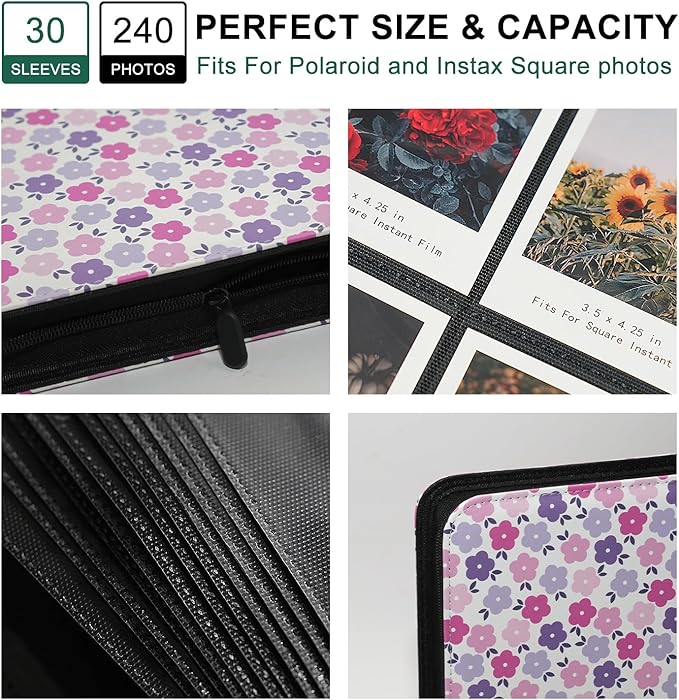 240 Pockets Portable Binder Photo Album Book For i-Type Square Polaroid Photos and Instax Wide Film Pictures (Flat Floral)
