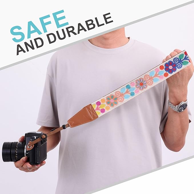 Padwa Lifestyle Colorful Crochet Camera Strap - 2" Full Grain Leather Ends Camera Straps for Photographers, Vintage Woven Cotton Soft Suede Fabric Padded Strap with Quick Release fits All Cameras