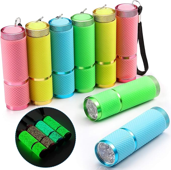 Mudder 8 Pieces Glow in Dark Flashlights Set, 9 LED Mini Flashlights Rubber Coated with Handle, LED Fluorescent Aluminum Portable Flashlight for Parties, Hiking, Camping, 4 Colors