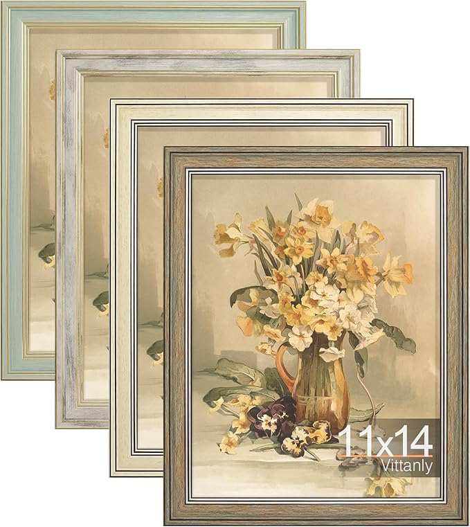 Vittanly 11x14 Picture Frame Set of 4, Vintage Photo Frame for Wall Mount, Display 8x10 Pictures with Mat or 11x14 without Mat, Rustic Farmhouse Home Decor, Multicolour