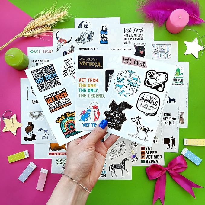 BulbaCraft 100Pcs Funny Vet Tech Stickers, Veterinary Technician Decals - Vet Tech Gifts Bulk, Veterinary Technician Present, Gifts for Women & Men