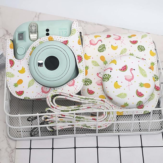 Frankmate Protective Case Compatible with Fujifilm Instax Mini 12 11 9 8 Instant Film Camera with Pocket and Adjustable Strap (Fruit Flamingo)