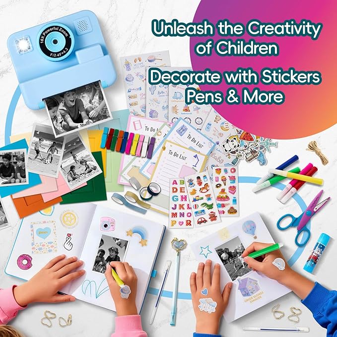 Kids Instant Print Camera, 1080P Selfie Video Camera with DIY Journal Kit – 200+ Accessories, Christmas & Birthday Gifts for Girls & Boys Ages 3-12 (Blue)