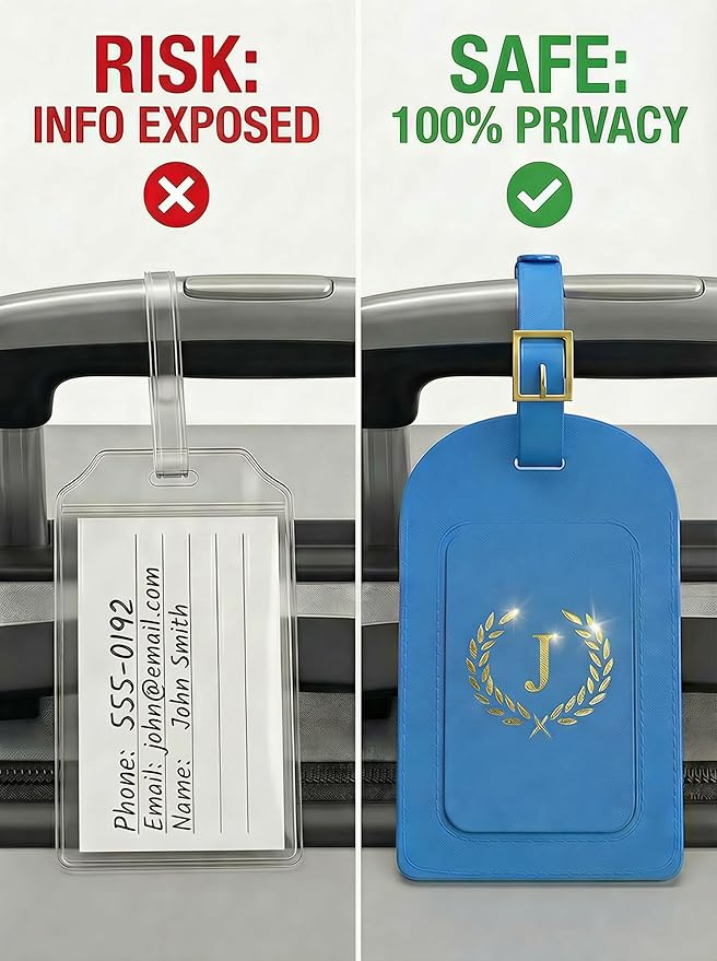 Luggage Tags for Suitcases 6 Pack PU Leather Travel Bag Tags with Privacy Cover & Stainless Steel Buckle, Vegan Leather Name ID Labels for Travel Bags, Cruise, Airline, Backpack, Baggage Identifier(J)