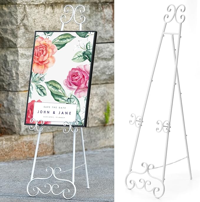 Metal Floor Standing Display Easel, 56" H White Decorative Scroll Easel Stand for Sign Wedding Picture Frame, with Chain Support