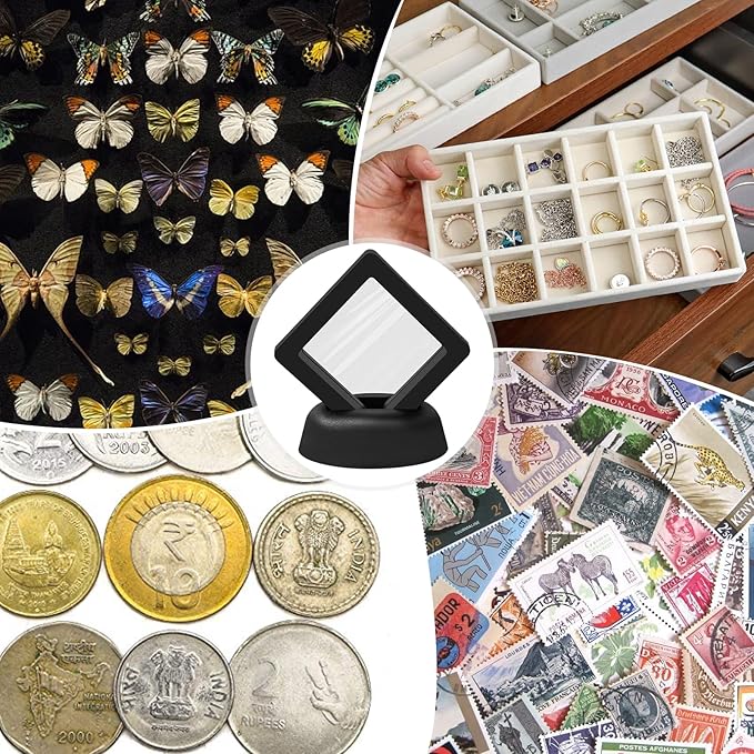 30PACK 3D Floating Frame Display Holder Stands PE Film Jewelry Storage Box Transparent Displays Cases for Medallion Challenge Coin Fossils Rocks,1.99 x 1.99 x 0.8 Inch