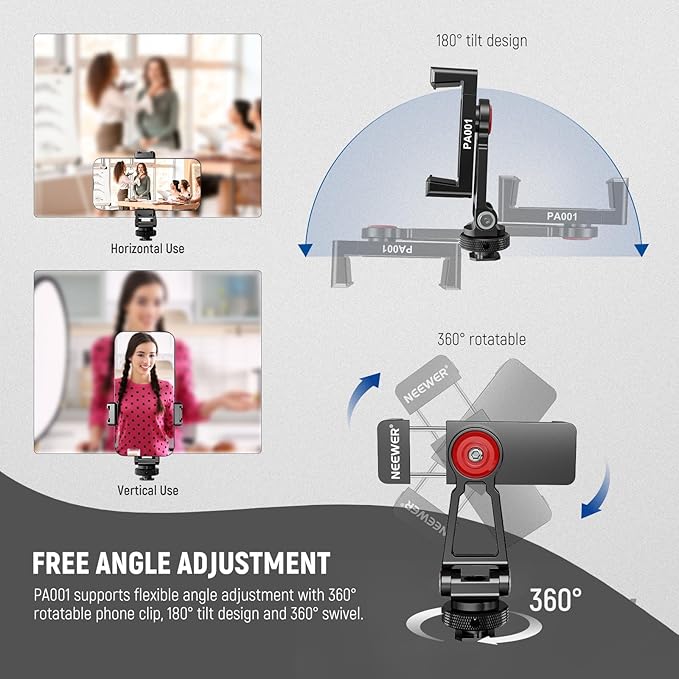 NEEWER Metal Phone Tripod Mount with Cold Shoe Mounts, Freely Adjustable Joints Universal Phone Holder Compatible with iPhone 15 Pro Max Samsung Galaxy Google Pixel Canon Nikon Sony Camera Cage, PA001