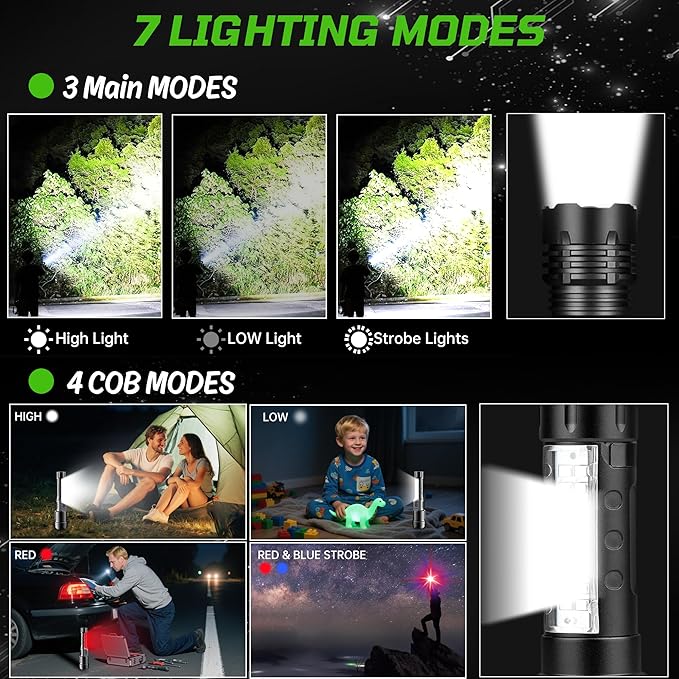 Rechargeable Flashlights High Lumens, 7Mode Flashlight Rechargeable, Super Bright LED Flashlight with Adjustable Flash Light, Tactical Flashlight for Home Emergency Camping, 2 Pack