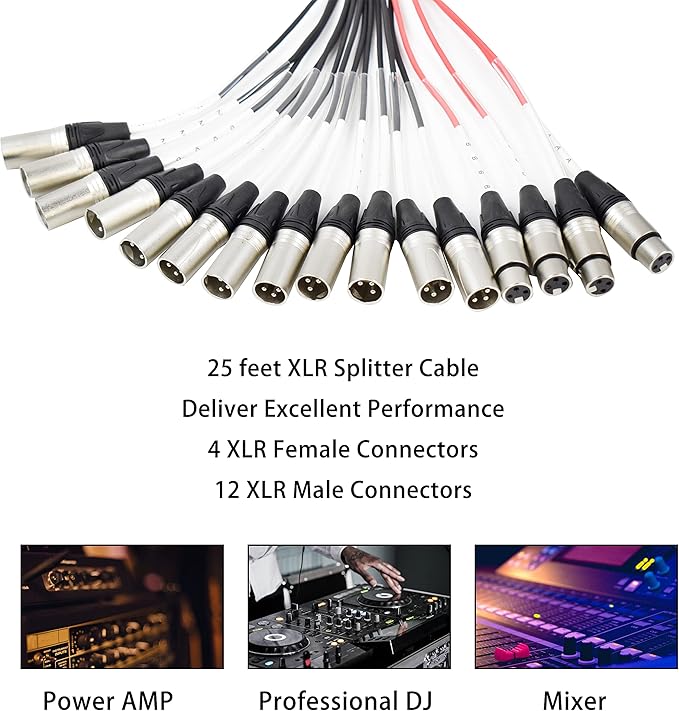 PRORECK 12-Channel Low Profile XLR Send Circuit Board Snake Cables, XLR Splitter Cable for Live, Recording, Stage, Studio, 25 Feet Long (PR-12 * 4 * 25)