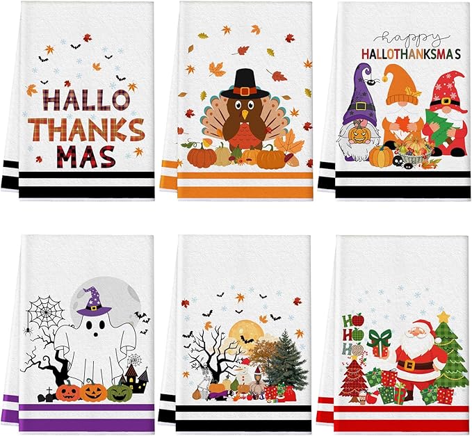 Preboun 6 Pcs Holiday Kitchen Towels Halloween Thanksgiving Christmas Hand Towels Hallothanksmas Bathroom Cloth Decorative Colorful Cute Gifts Dish Cloth Farmhouse Kitchen Accessories Decor