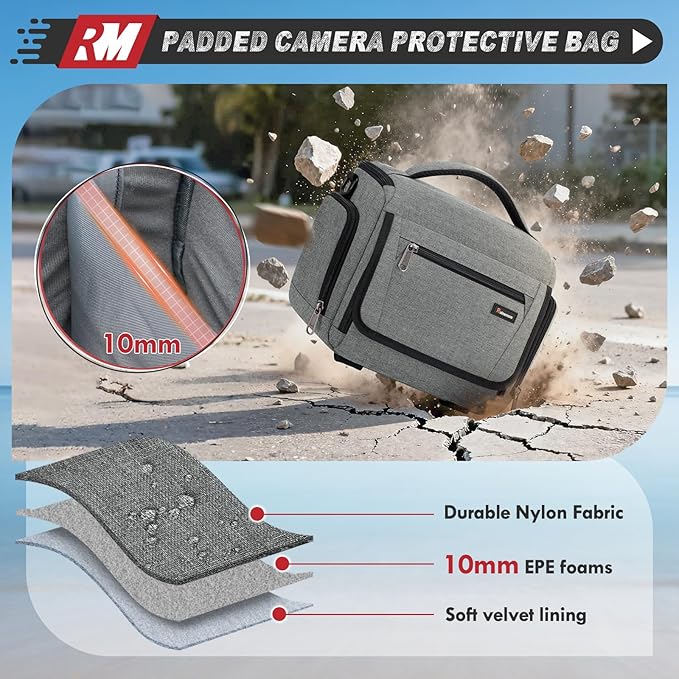 RAINSMORE Waterproof Camera Bag with Tripod Holder for Canon, Sony, Nikon, and Fujifilm – Small Sling Camera Case for Photographers, Grey