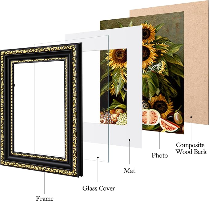 eletecpro 8x10 Picture Frames Set of 4, Vintage Photo Frame with Glass Cover, Gothic Frames 8 x 10 Display 5x7 Photo with Mat or 8x10 without Mat for Tabletop or Wall Decor, Black Gold
