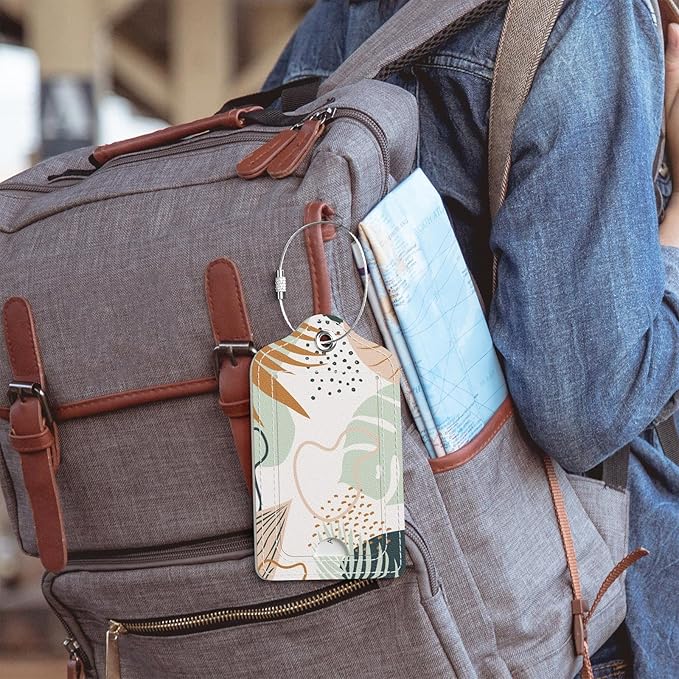 PU Leather Luggage Tags for Suitcase, Travel Cruise 2 Pack with Privacy Flap, Name ID Label and Metal Loop for Women Men Girls Baggage Bag Backpack Instrument, Boho Leaves