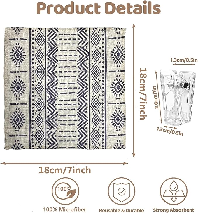 8-Pack Ultra-Fine Microfiber Kitchen Towels, 7-Inch Square with 8 Clips & Multiple Patterns – Soft, Absorbent, Reusable Cleaning Cloths (Bohemian Style)