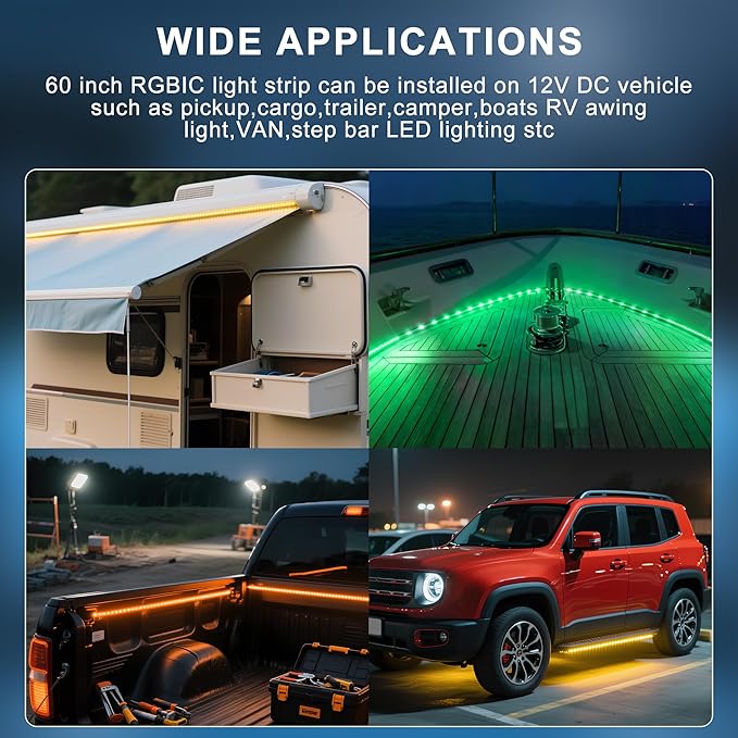 3PCS 60" RGB Truck Bed Light Strip Kit Remote Controlled Color Changing LED Bars with Music Sync, IP67 Waterproof for Pickup Trucks, SUVs, RVs & Boats