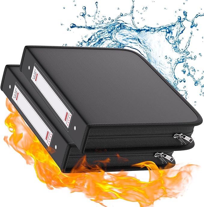 ZOOPIP Fireproof 3 Ring Binder with Zipper, 1.5 Inch D Rings Hold up 375 Sheets of 8.5" x 11" (A4), Compatible with Clear Page Protectors, Built-in net and Pen Holder (2 Pcs, Black, 1.5")
