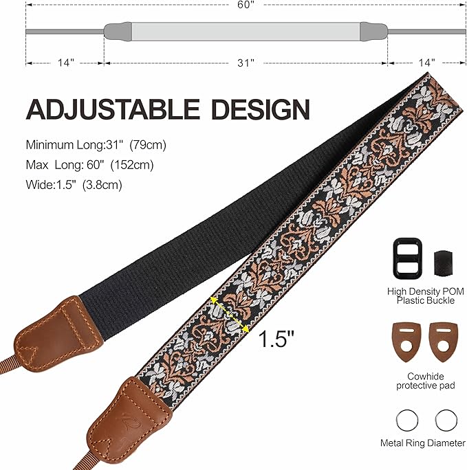 Padwa Lifestyle Camera Strap - 1.5" Crazy Horse Cowhide Head Cotton Strap,Vintage Embroidery Camera Straps for Photographers and All Cameras,Cute Adjustable Shoulder Neck Strap for Adults & Kids