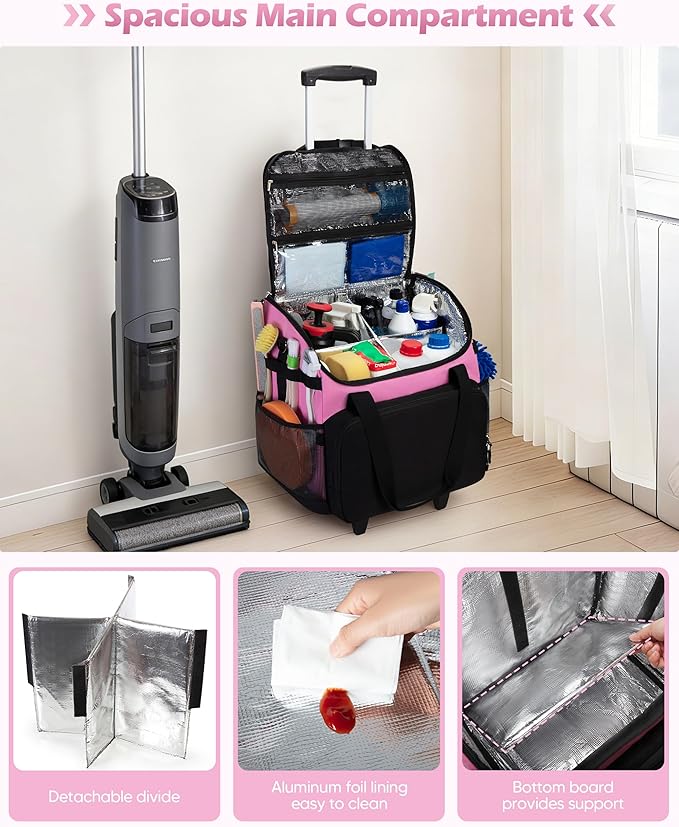 Large Rolling Cleaning Caddy Bag with Detachable Trolley, Cleaning Supplies Organizer with Wheels for Housekeepers, Pink