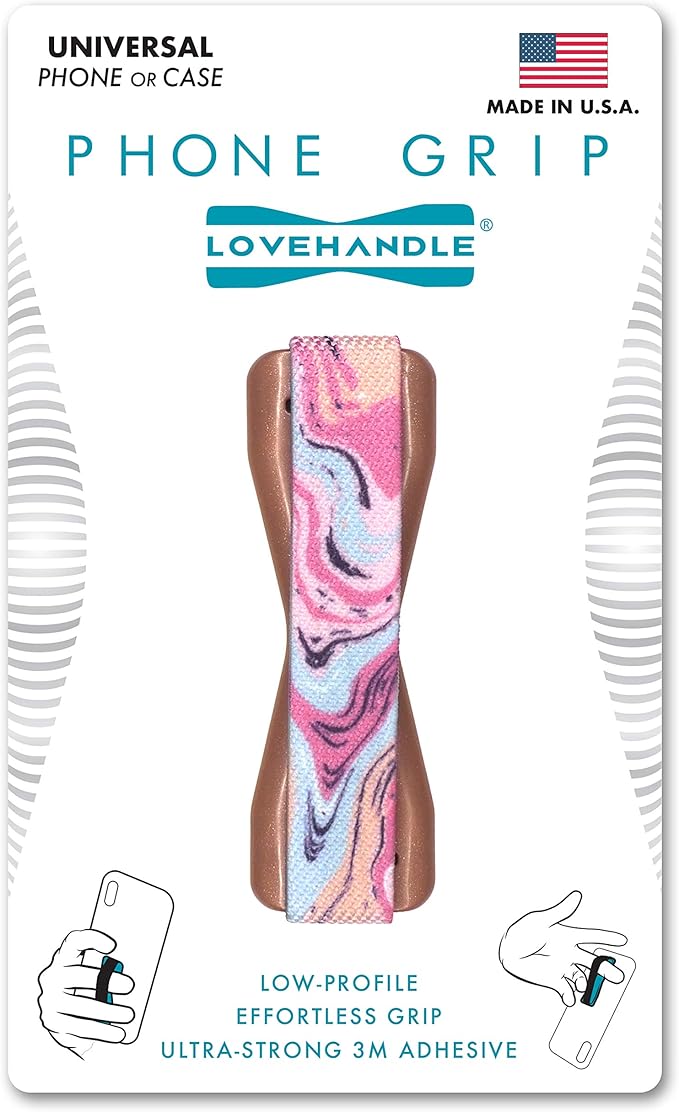 LOVEHANDLE Universal Phone Grip for Smartphones & Mini Tablets - Phone Holder for Hand - Wireless Charging Compatible - Made in The USA - Marble Rose
