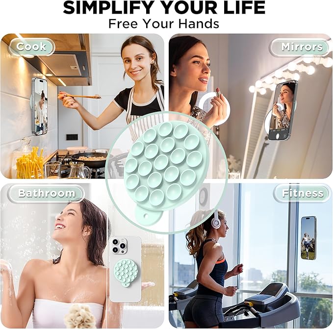 Magnetic Suction Cup Phone Mount, Compatible with MagSafe, Silicone Octo Cup Buddy Sticky Grip Holder for iPhone and Android, Removable Hands-Free Selfie/Video for TikTok, Mint Green