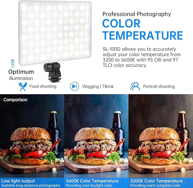 Mettlelite SL100D LED Video Light Bi-Color on Camera Continuous Dimmable Photography Lighting Portable Studio LED Panel 3200K-5600K CRI95+ Ultra Bright Camera Light for Photography and Video Recording
