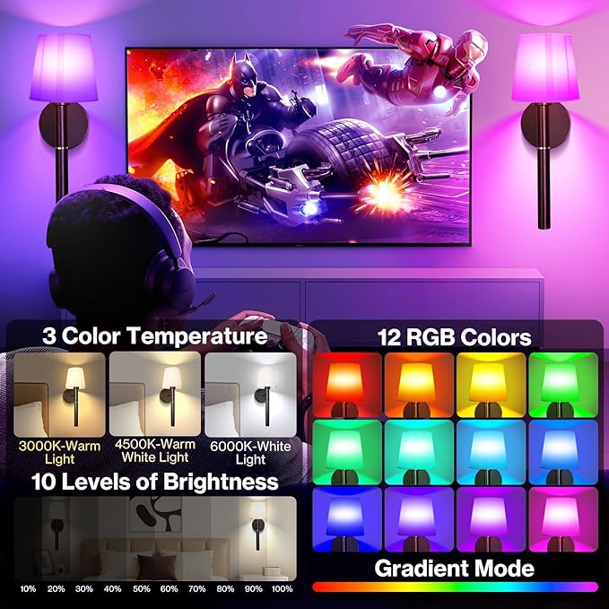 Battery Operated Wall Sconce Set of 2, 5200mAh RGB Wireless Wall Lights with Detachable Charging Stick & Dimmable Bulbs, 12 Colors Rechargeable Wall Lamps for Bedroom Living Room Hallway Decor, Black