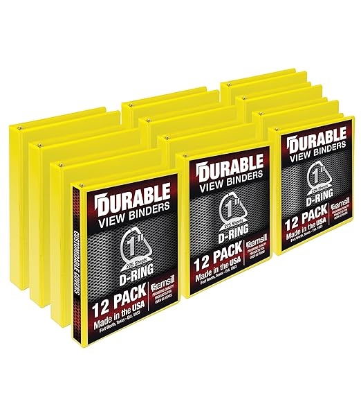 Samsill Durable 1 inch 3 Ring Binder, Made in USA, D Ring Binder, FSC 100% Recycled Chipboard, Yellow, 12 Pack