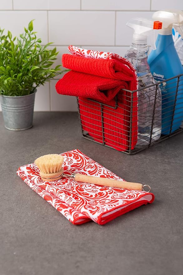 DII Cleaning Collection Multi-Purpose Microfiber, Red Damask, Dishtowel Set