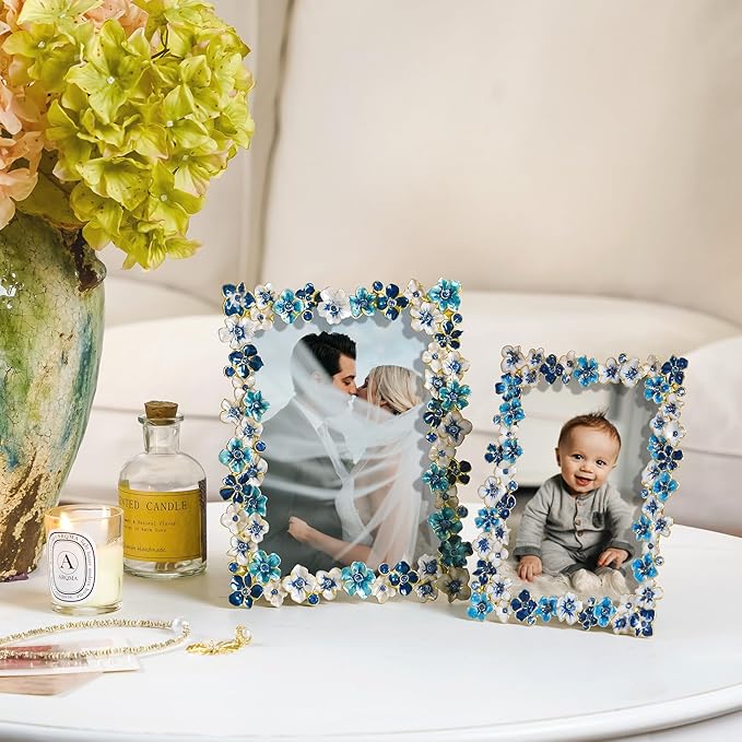 Blue Flower Picture Frame 4x6 Blossom Photo Frame for Tabletop Display, Decorative Flower Design Home Decor