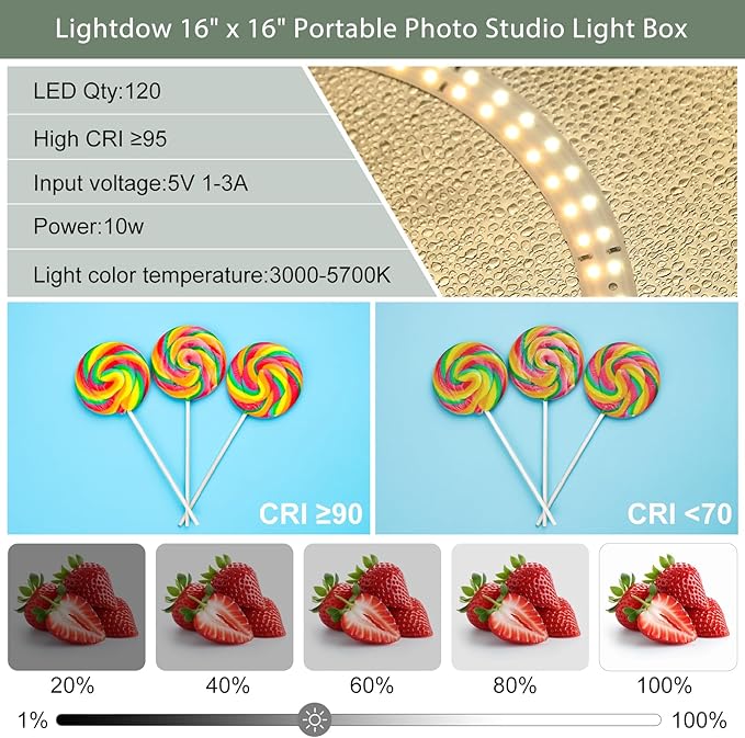 Lightdow 16"x16"x12" Photo Studio Light Box Photography with 120 LEDs (CRI>95), 6 Backdrops - Portable/Dimmable/Versatile Folding Shooting Tents for Toys/Jewelry/Watches/Cosmetics Photography