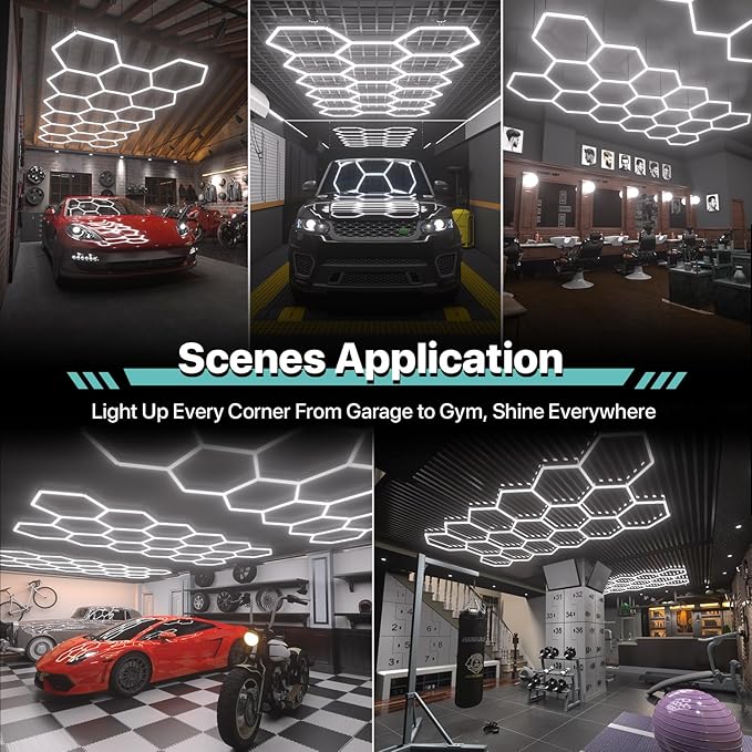 Hexagon Garage Lights: 476W 68 Pack 17 Grids LED Garage Lights - Easy Install 6500K Super Bright Honeycomb Light for Warehouse, Car Detailing Shop, Exhibition Hall, Gym