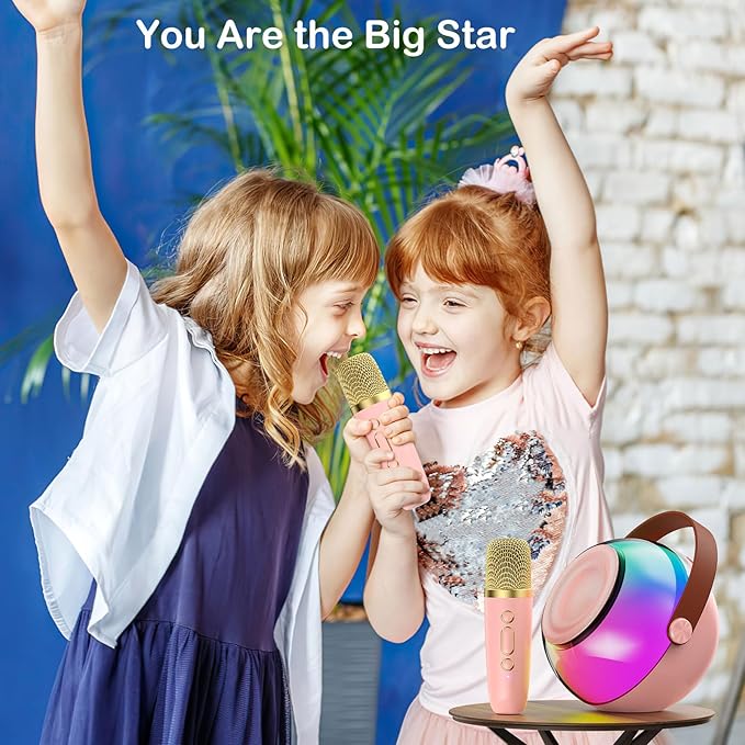 Mini Karaoke Machine for Kids Adults, Portable Bluetooth Speaker with 2 Wireless Microphones, Karaoke Toys for Family Party, Birthday Gifts for Girls Ages 4, 5, 6, 7, 8, 9, 10, 12+ (Pink, 2 Mics)
