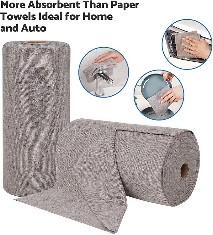 Reusable Cleaning Cloths Microfiber Towel: 50 Pack Washable Tear Away Cleaning Towels Roll - 12× 12 Absorbent Rags Drying Dishcloths for Kitchen House Car (50, Grey)